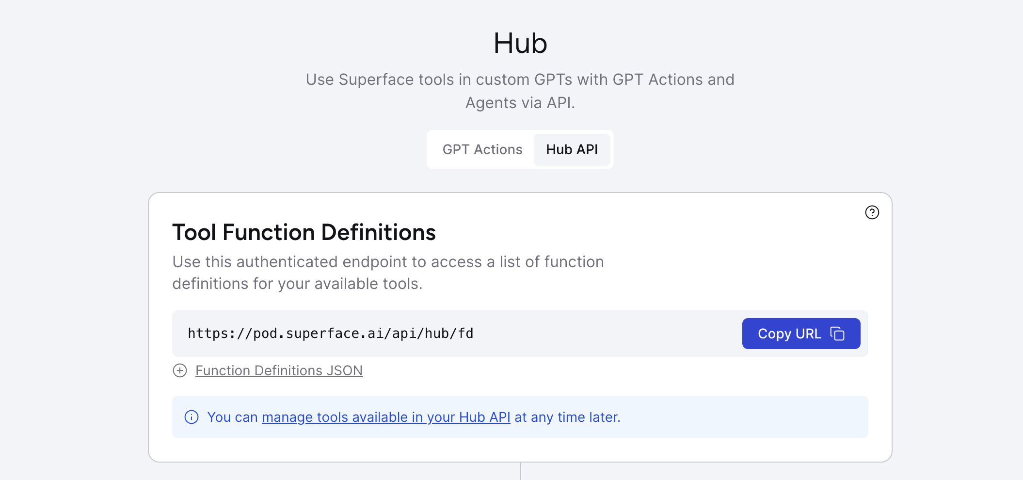 The Hub API main screen