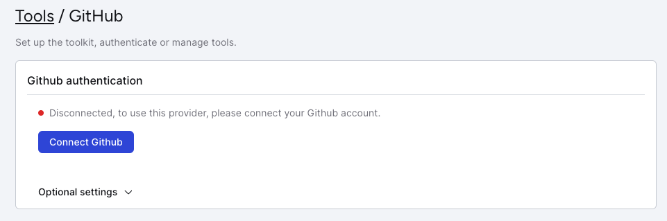 The GitHub tool requires additional authentication with your GitHub account