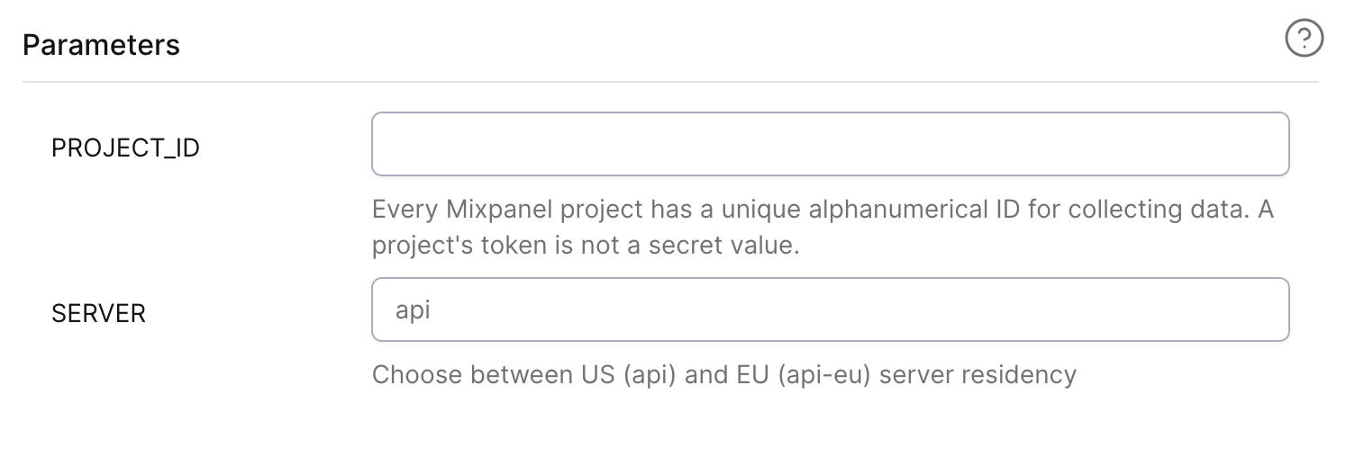 The parameters section of the Mixpanel config