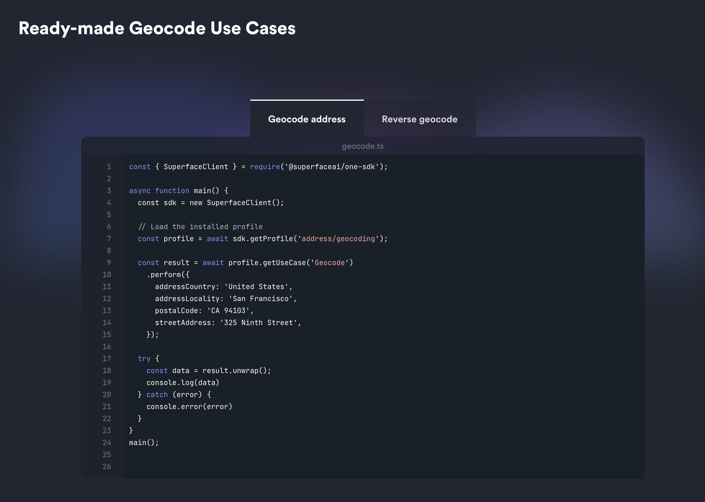 Screenshot of Ready-made Geocode Use Cases with example code