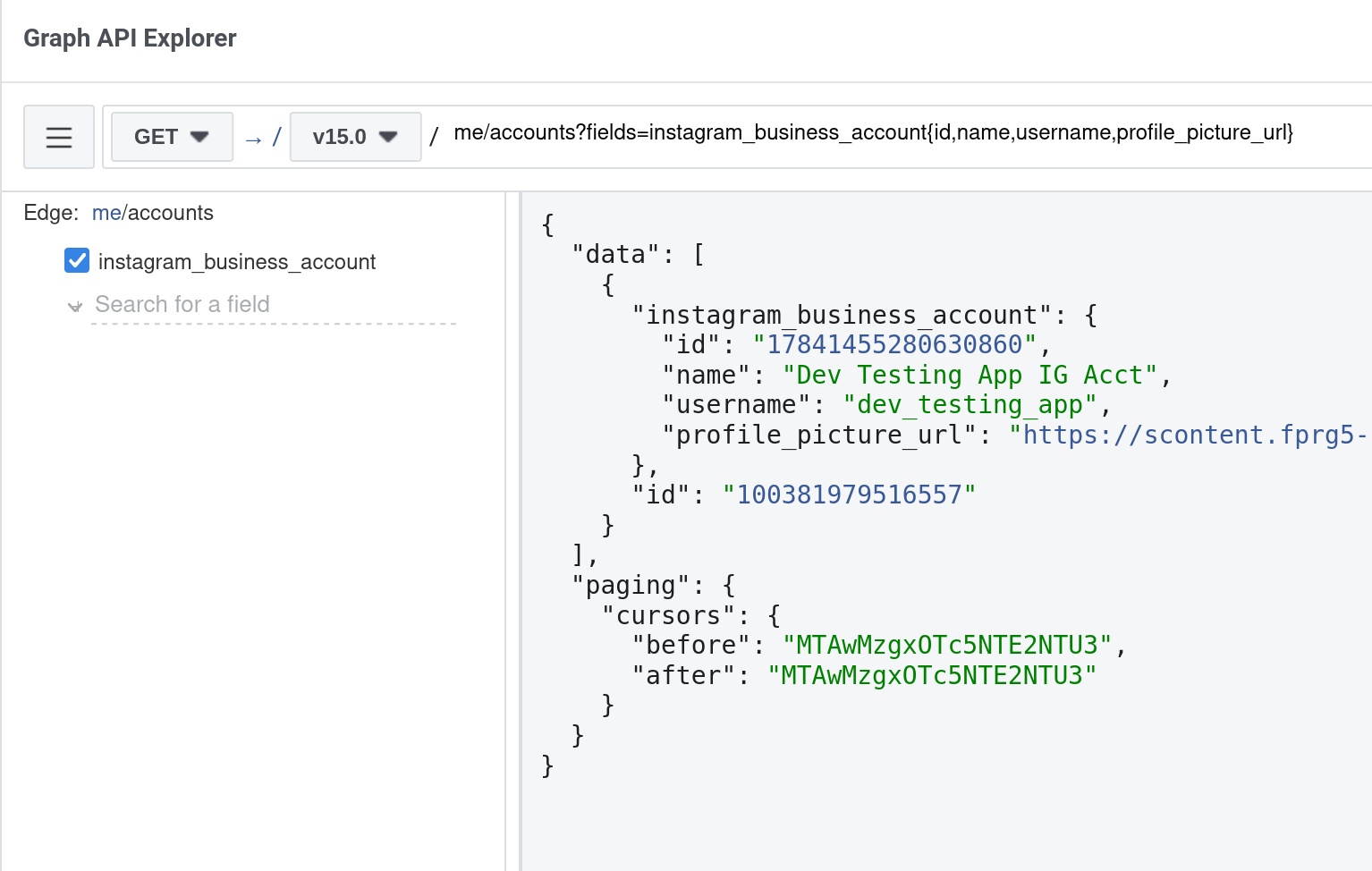 Graph API Explorer with Instagram account details retrieved from me/accounts edge