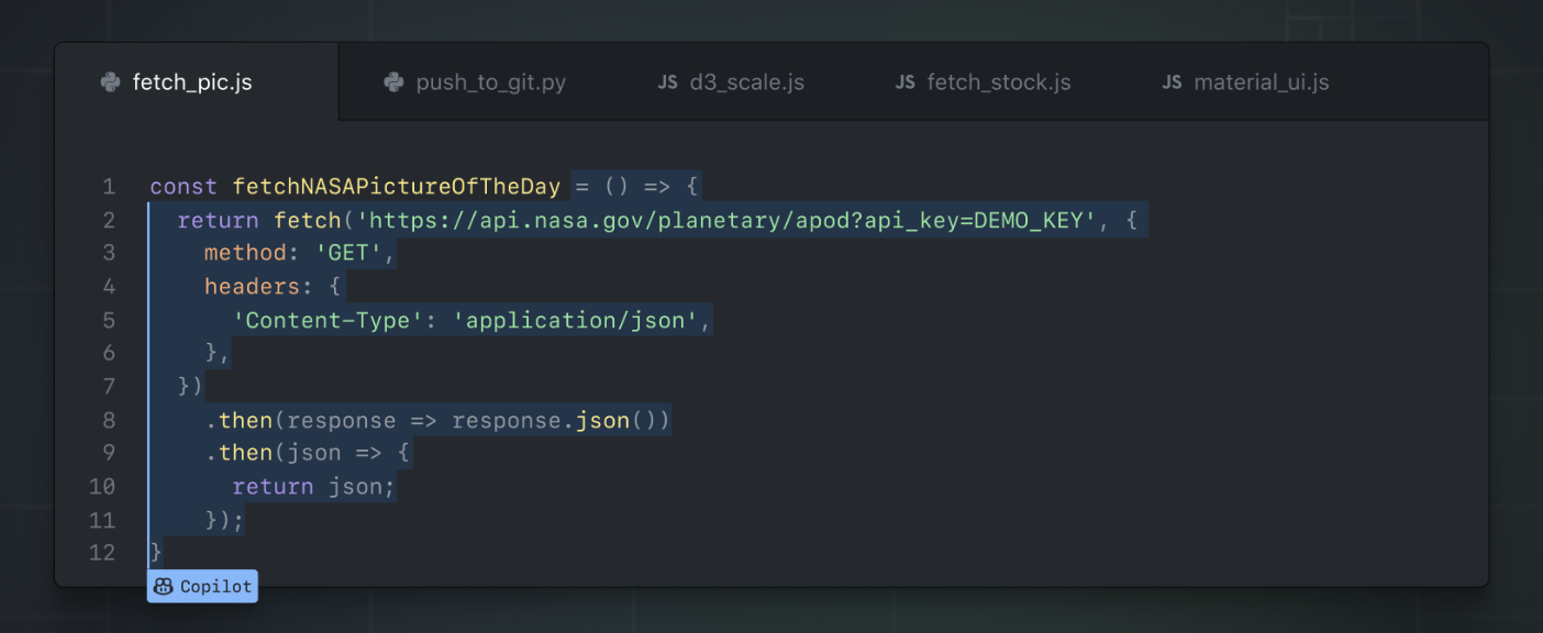 Screenshot of JavaScript function for fetching a NASA Picture of the Day fully generated by Copilot