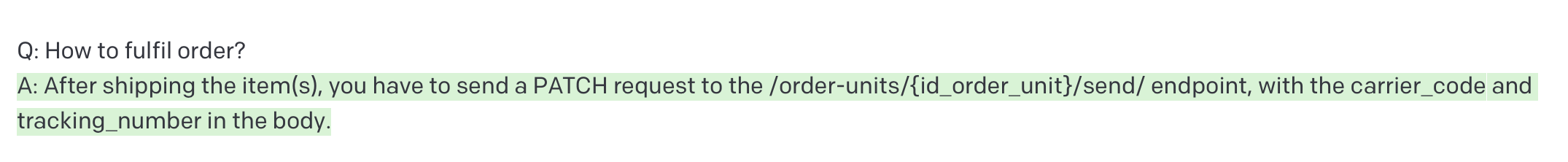 Screenshot of a prompt for OpenAI GPT-3 asking how to fulfill an order and autocompleted answer detailing what HTTP method, URL, parameters, and payload should be used.