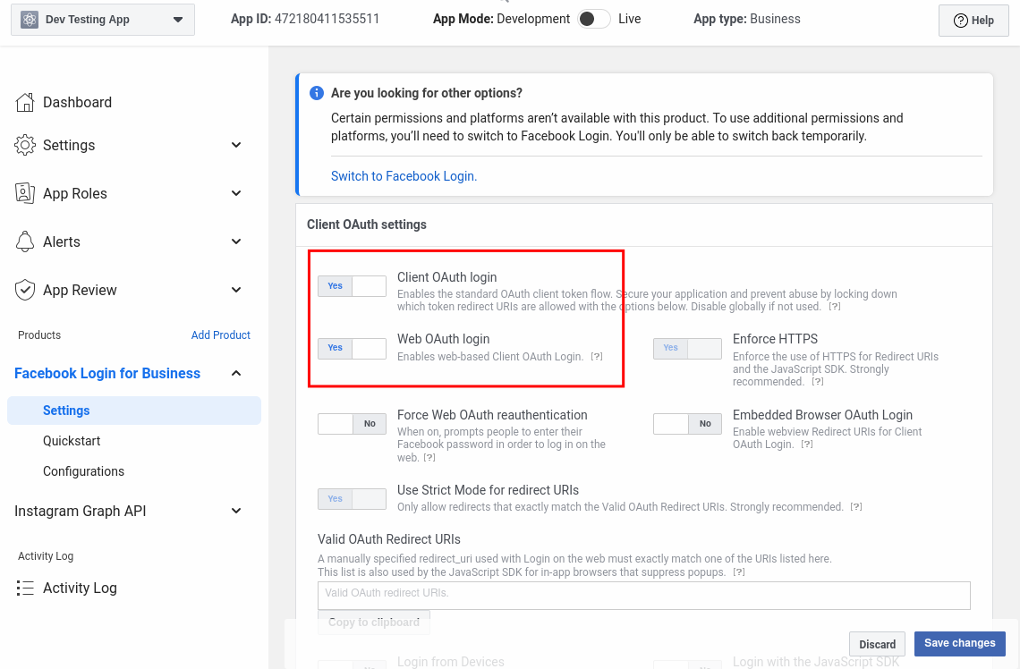 Screen for Facebook Login for Business settings, with toggles for “Client OAuth login” and “Web OAuth login” set to On