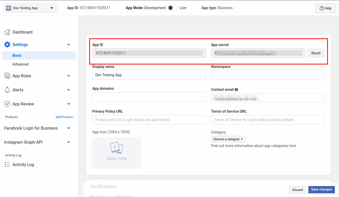 Application Basic Settings with fields for App ID and App secret