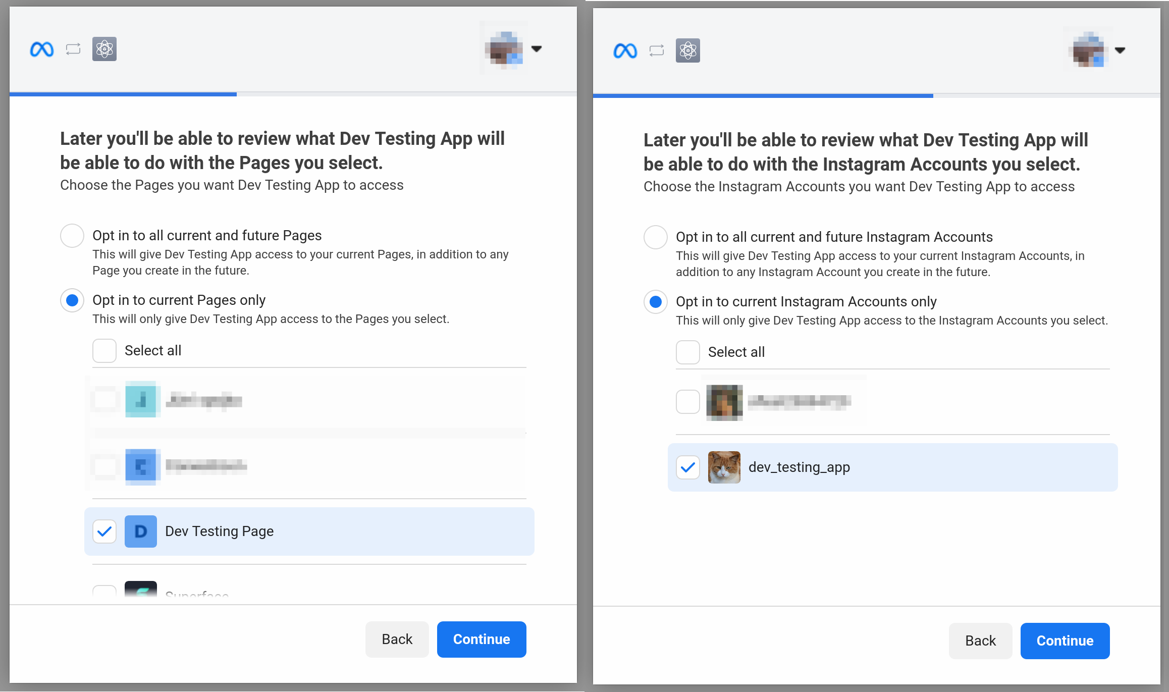 Screens from Facebook Login authorization flow. The first screen selects the Facebook pages the application has access to, the second selects the Instagram Accounts.