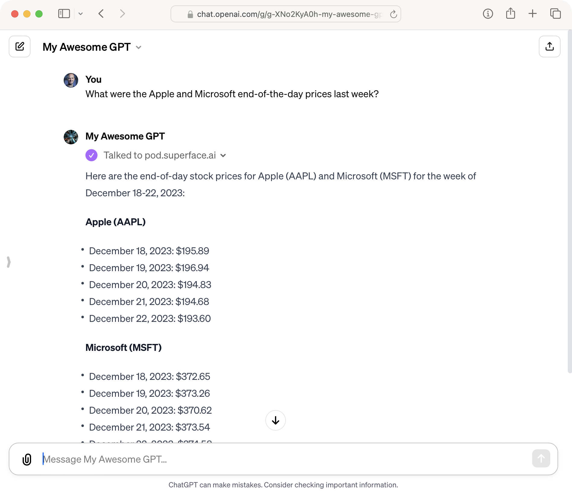 EOD prices retrieved via Superface connection to MarketStack