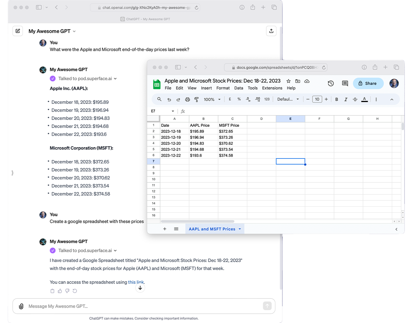 The full example of the GPT connected to the APIs of MarketStack and Google Sheets