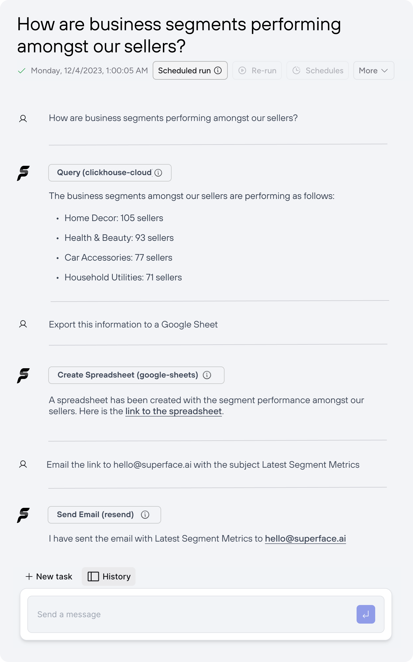 The Superface Agent interface querying information from ClickHouse