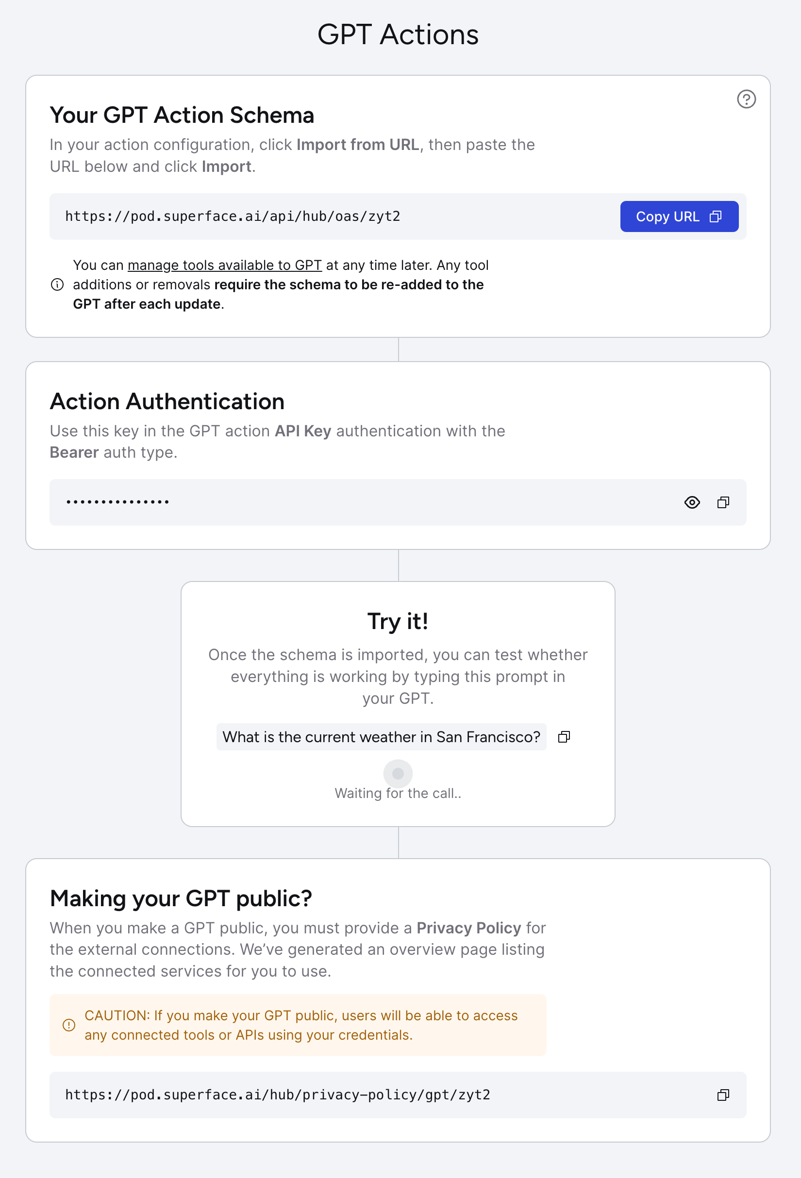 The initial set up screen for Superface GPT Actions